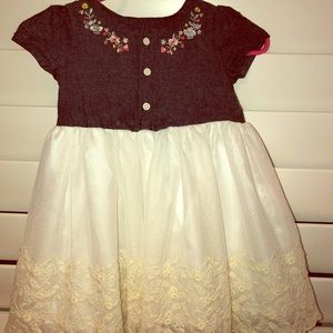 Denim & floral infant dress w/ white lace hem